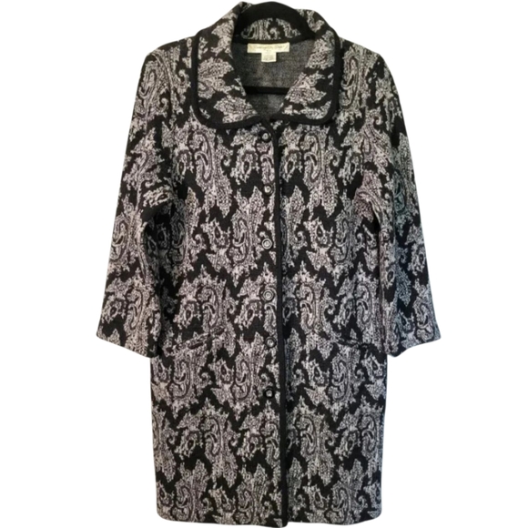 Women's WOOL black gray paisley button-up fall winter sweater coat, size PL - Picture 1 of 10